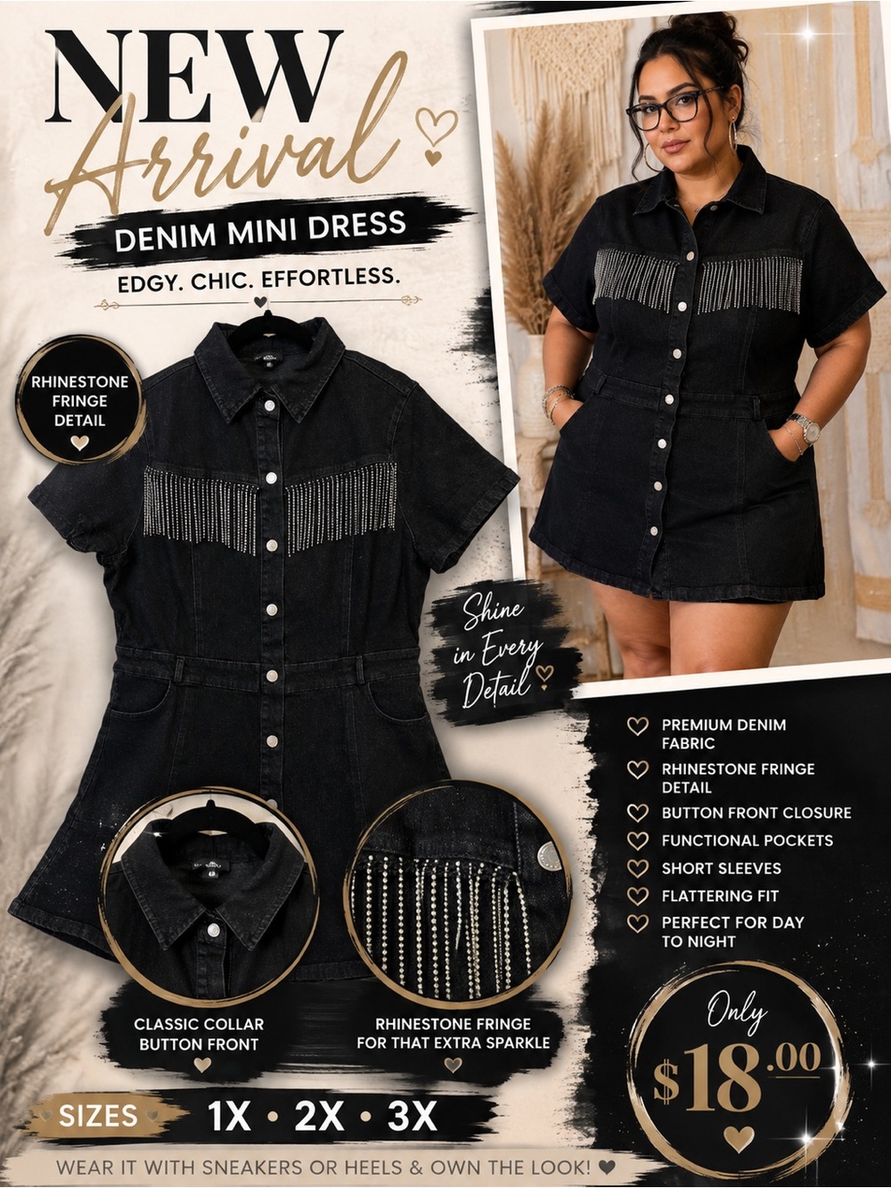 Fashion Nova Black Rhinestone Fringe Denim Mini Dress